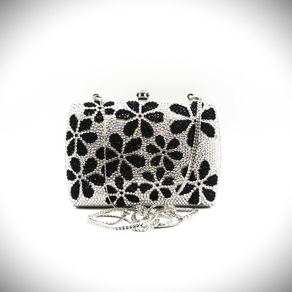 DOLLI Minaudier Flower Collection Embellished Black/White Crystal Evening Clutch - Picture 1 of 8
